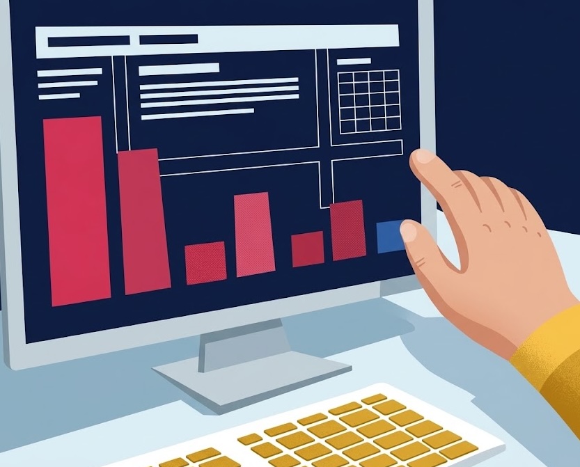 A person reviewing charts and records on a desktop dashboard.