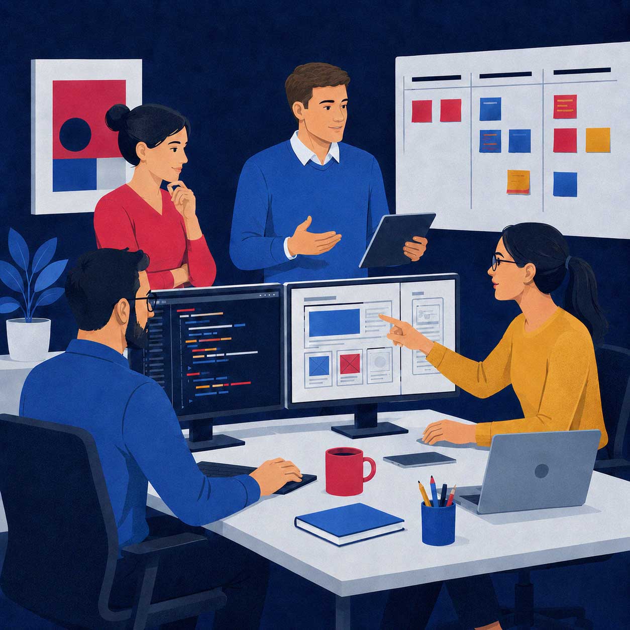 A team reviewing software together at a desk.