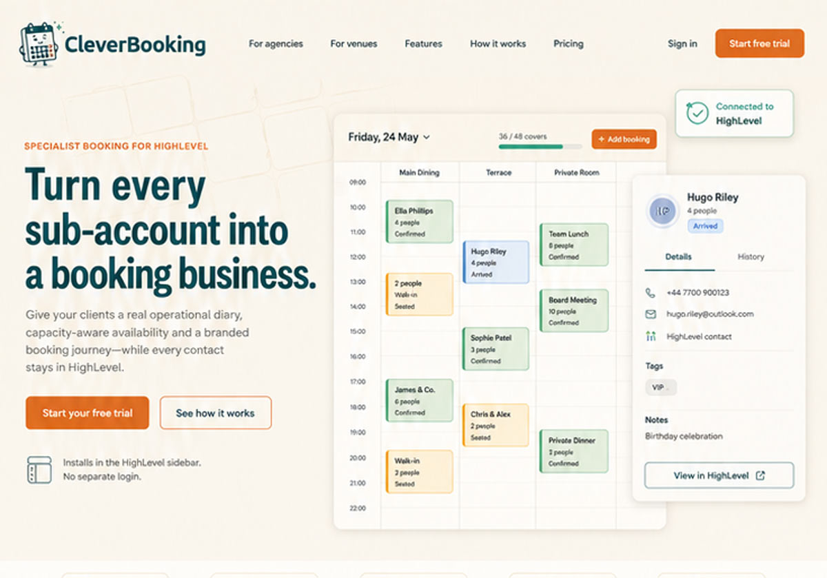 CleverBooking homepage, with a booking diary mockup connected to HighLevel.