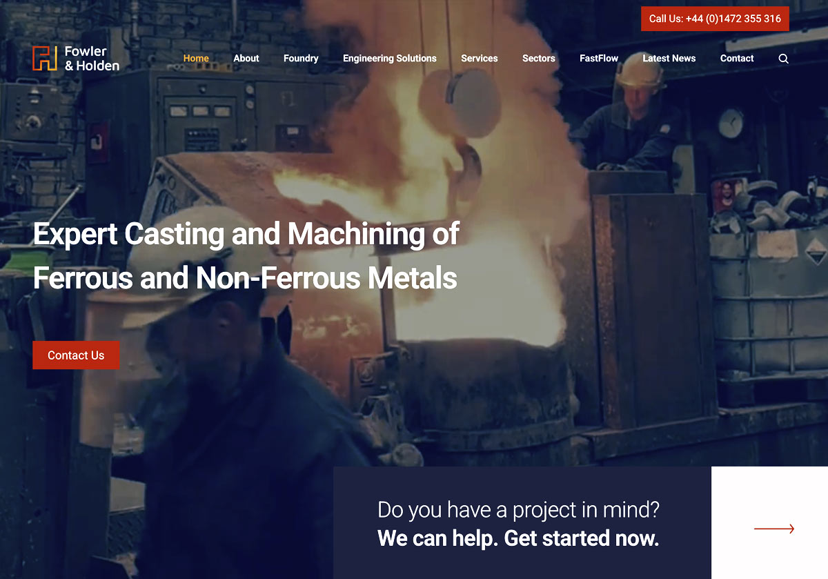 Fowler & Holden website homepage, with foundry photography and the company offer.