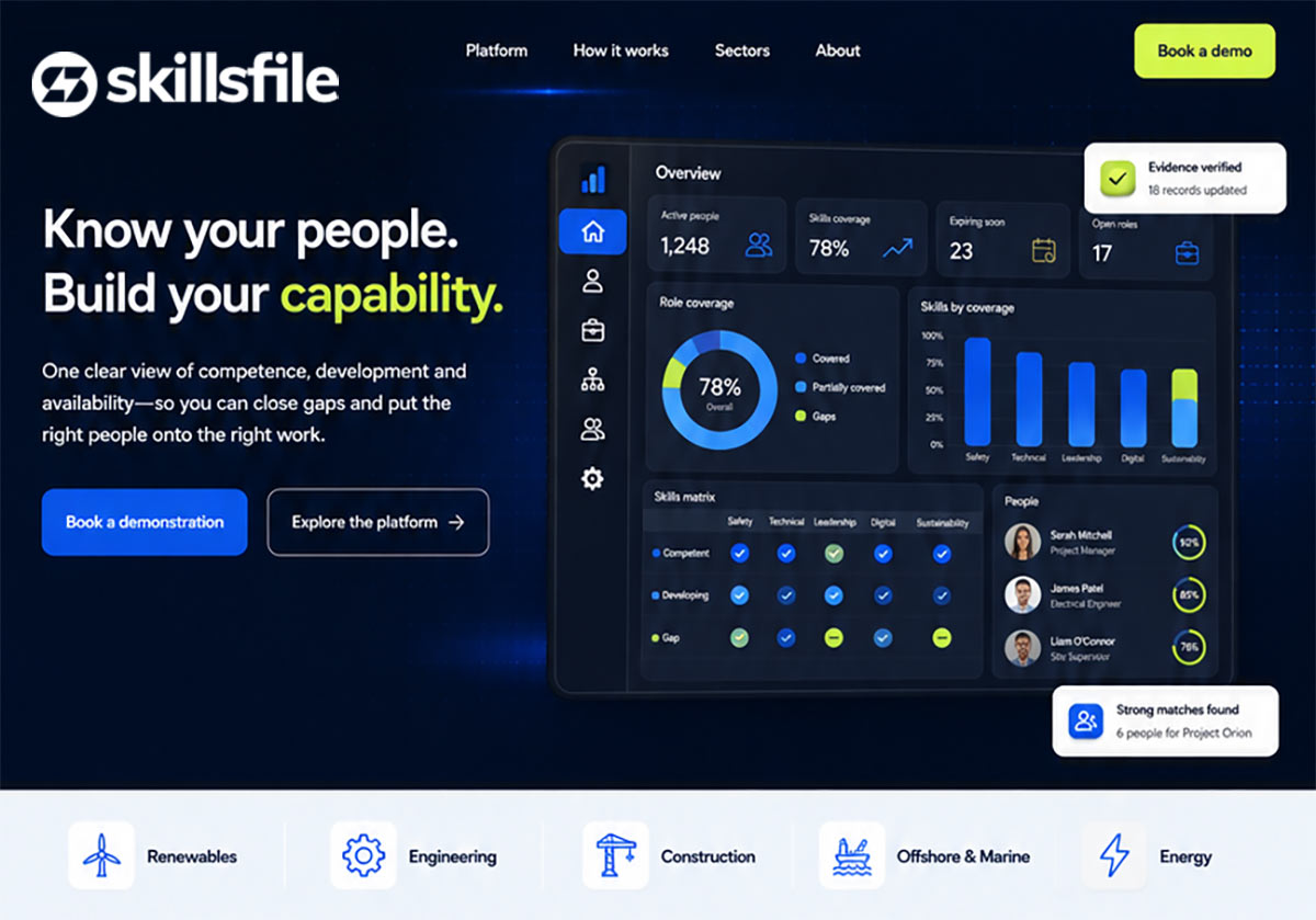 SkillsFile homepage, with the product headline and a competence dashboard.
